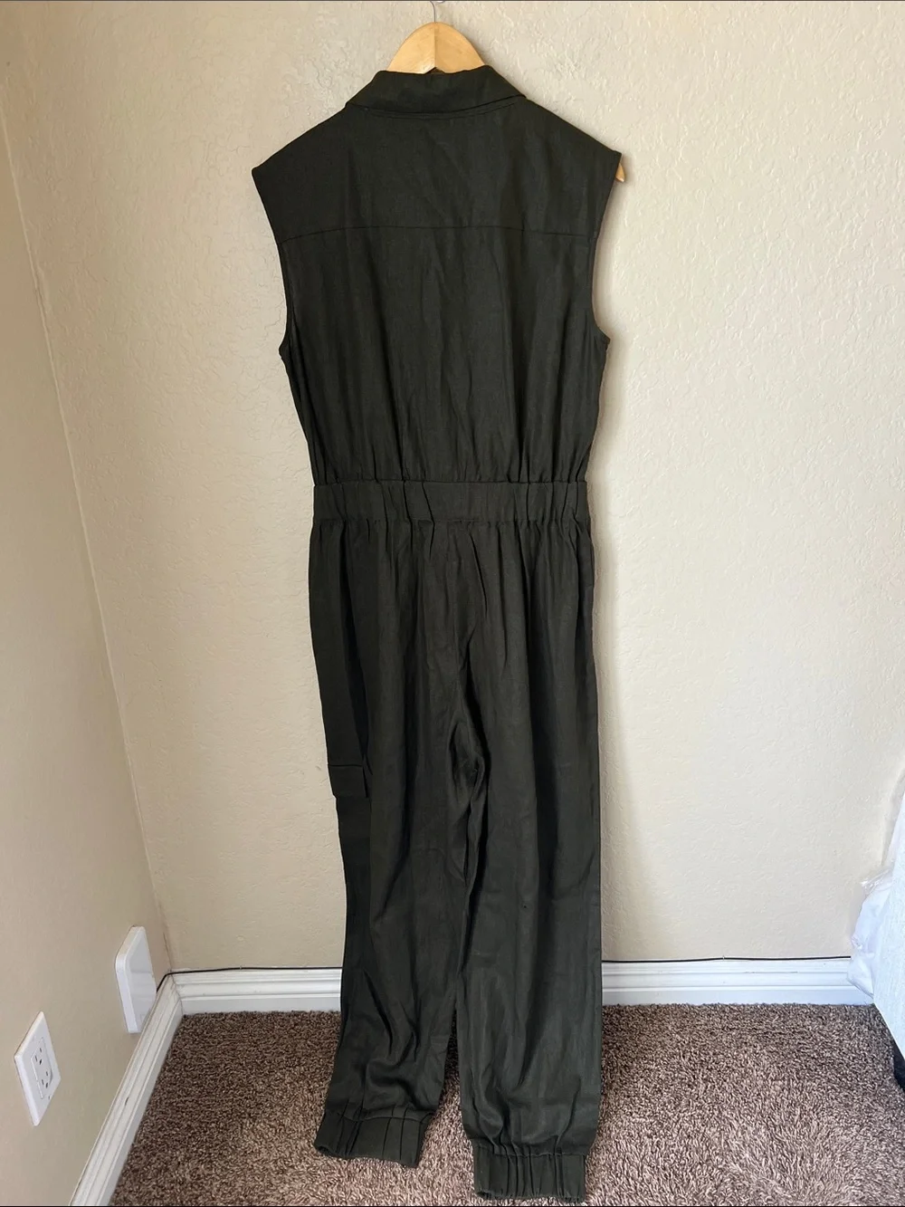 NWT Zara  dark khaki green linen blend utility jogger jumpsuit M